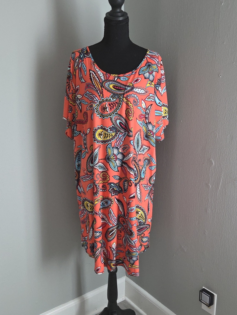 Bobbie Brooks Coral Paisley Midi Dress with Multicolor Accents 3X